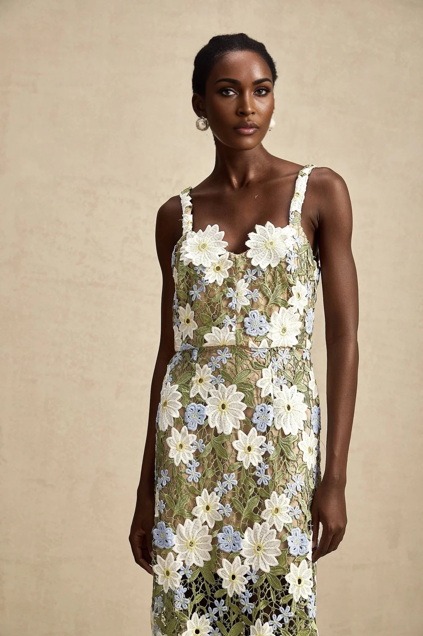 Santa Midi Dress Green Floral Embroidered Hollow - Carved