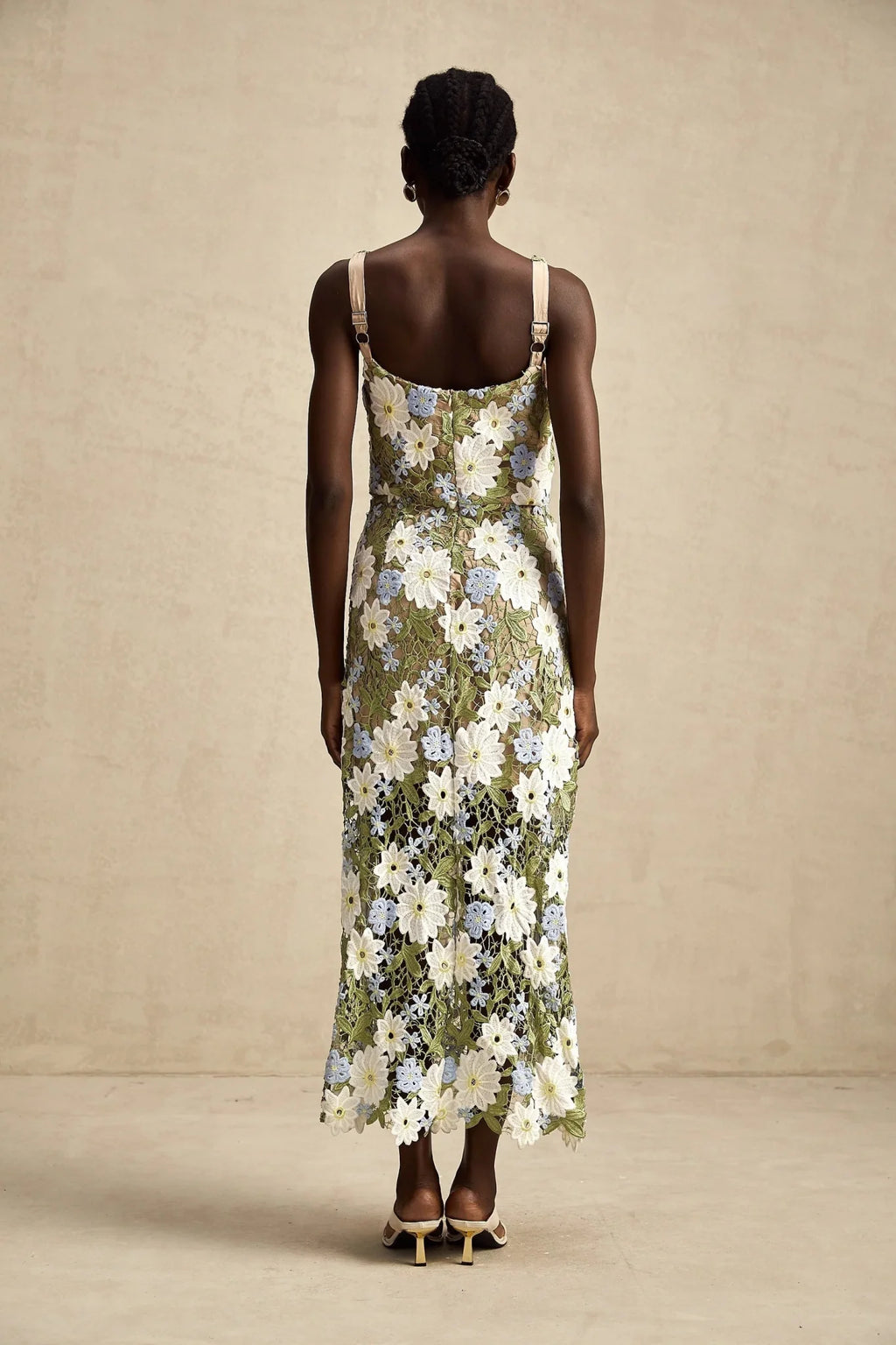 Santa Midi Dress Green Floral Embroidered Hollow - Carved