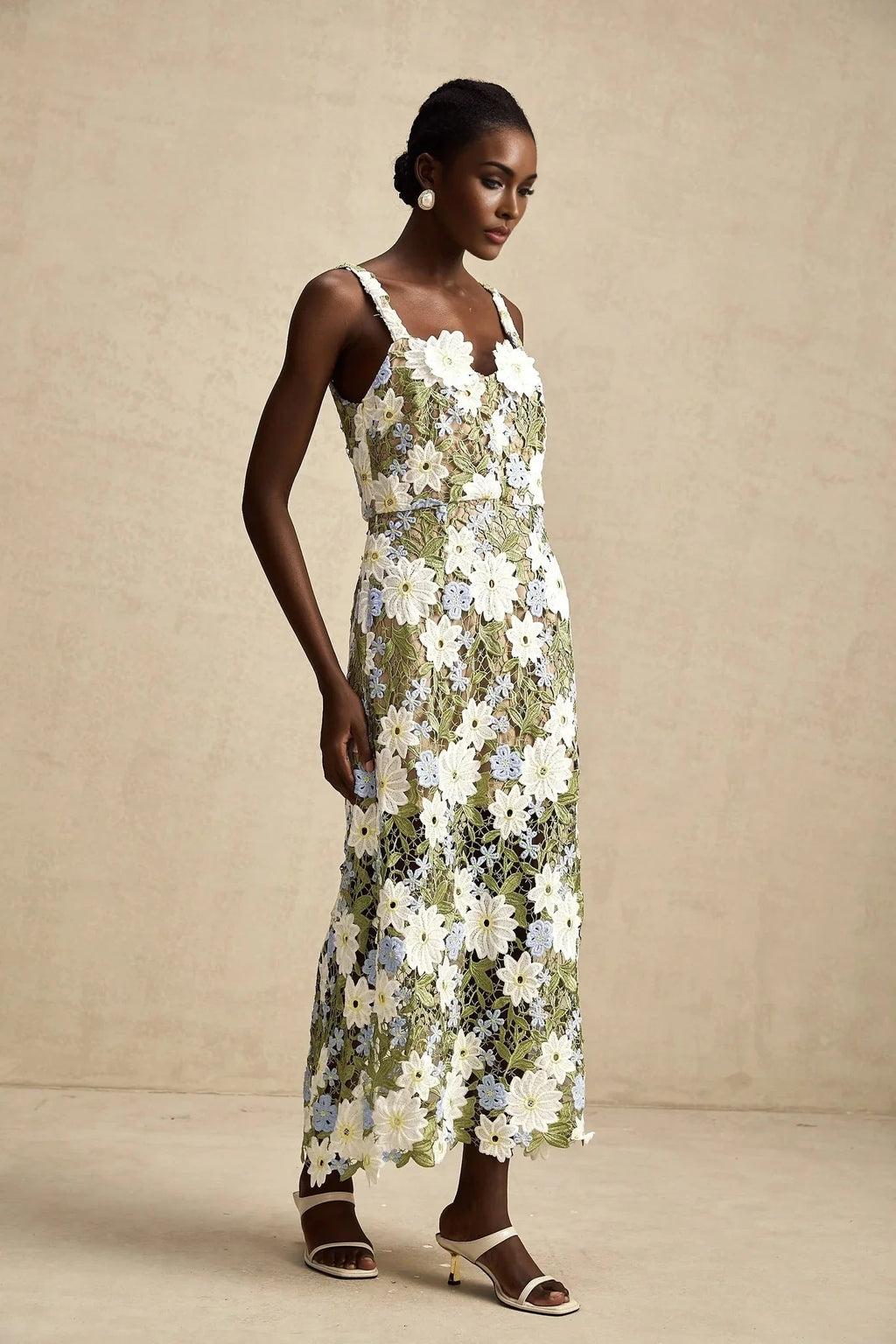 Santa Midi Dress Green Floral Embroidered Hollow - Carved
