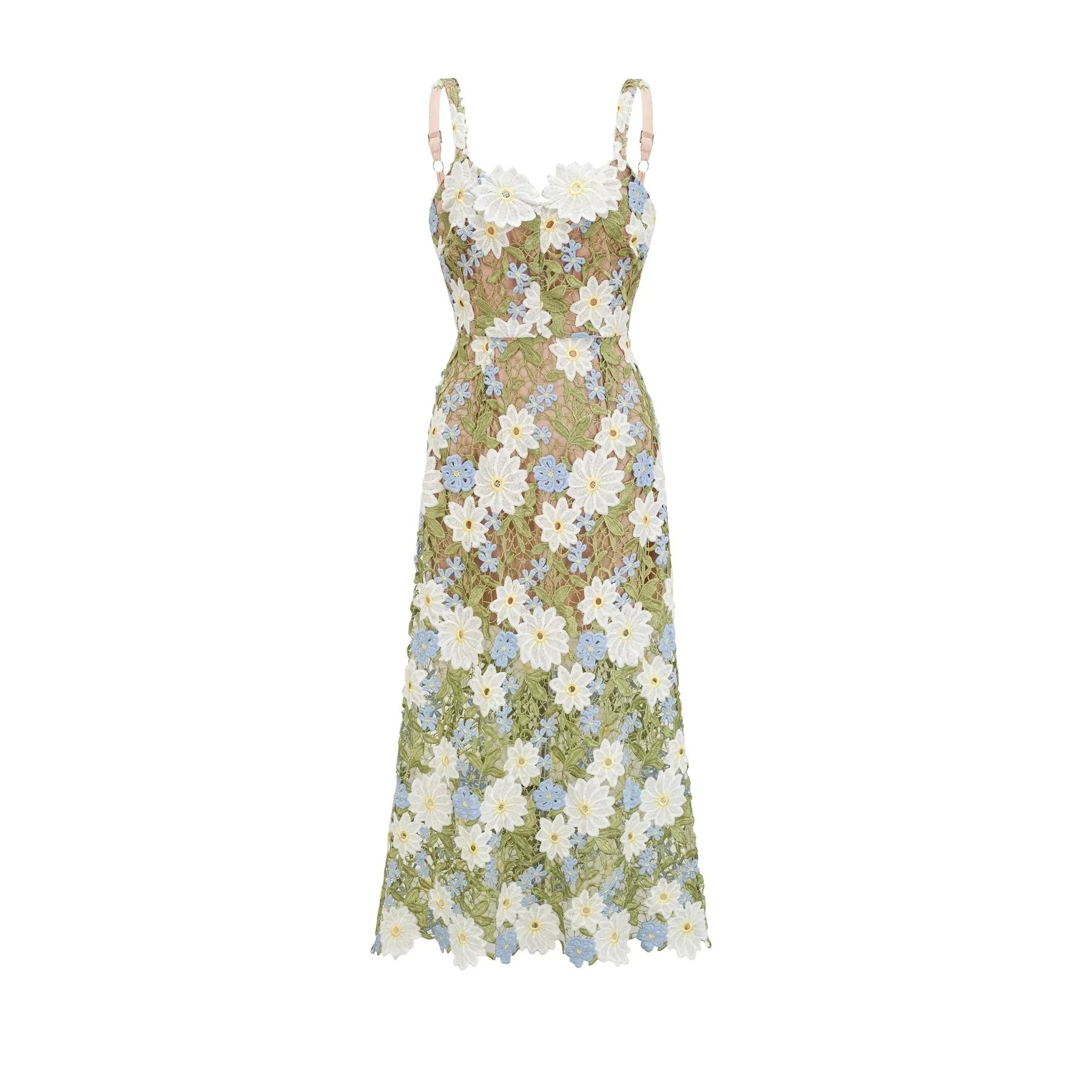 Santa Midi Dress Green Floral Embroidered Hollow - Carved
