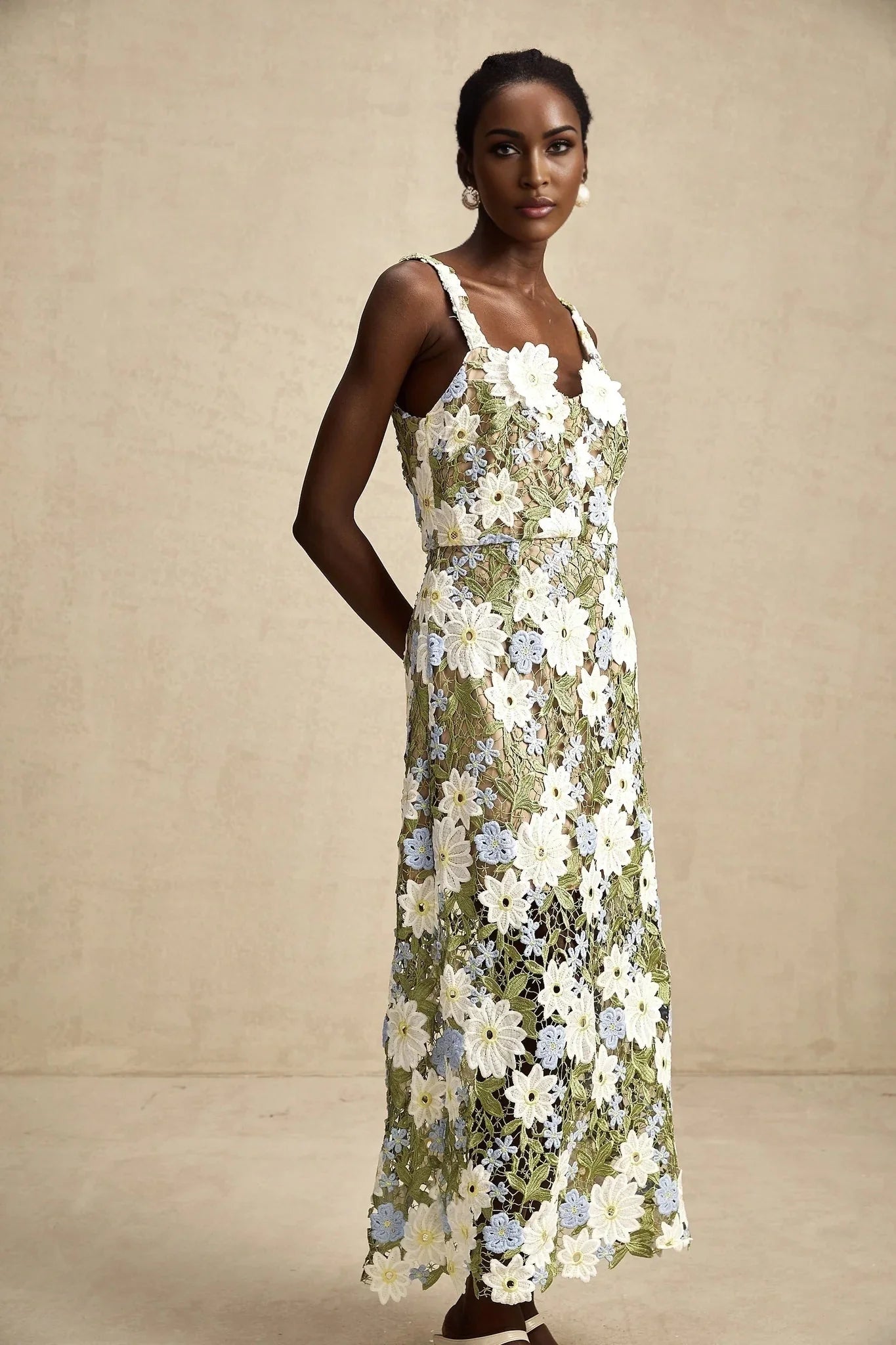 Santa Midi Dress Green Floral Embroidered Hollow - Carved