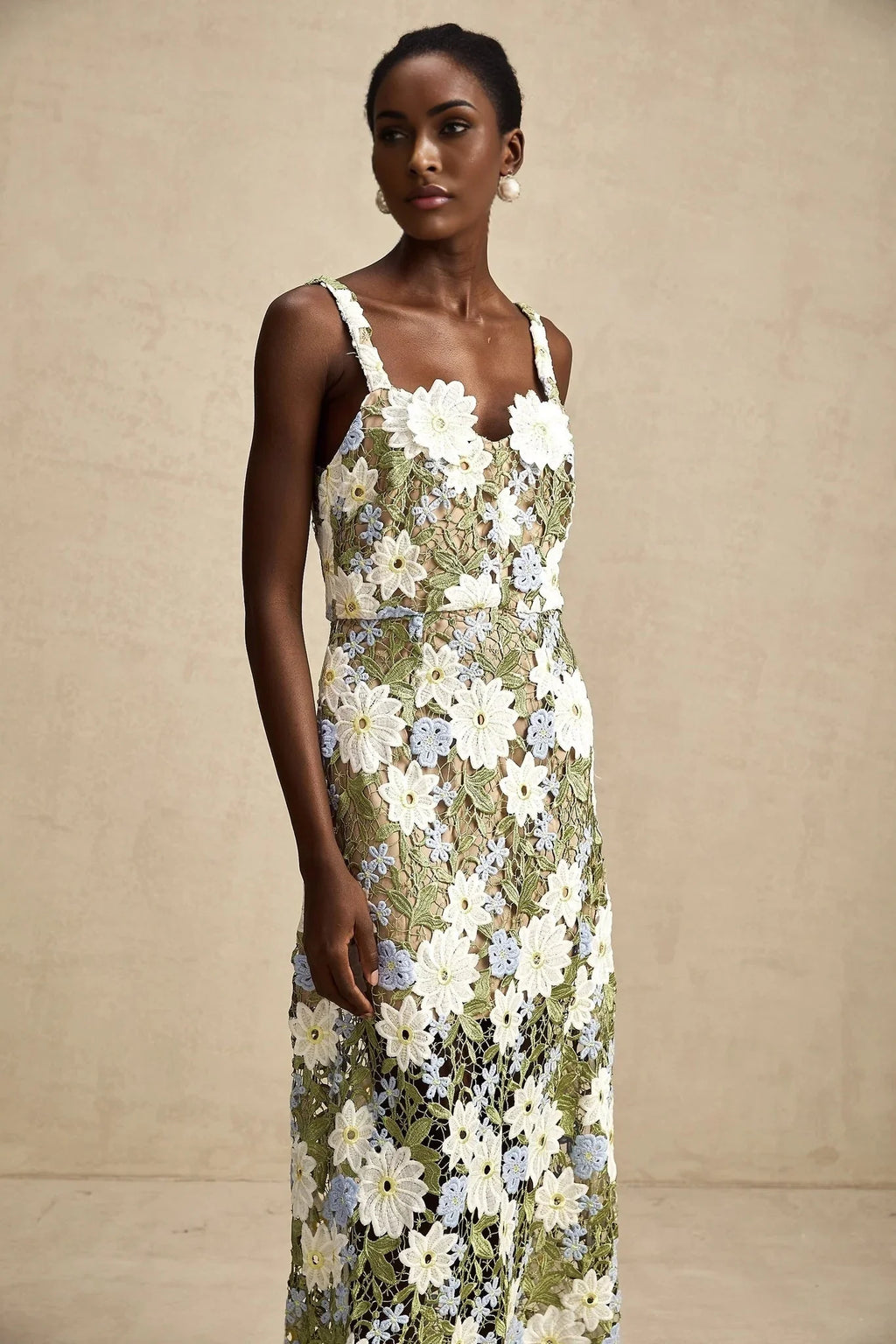 Santa Midi Dress Green Floral Embroidered Hollow - Carved