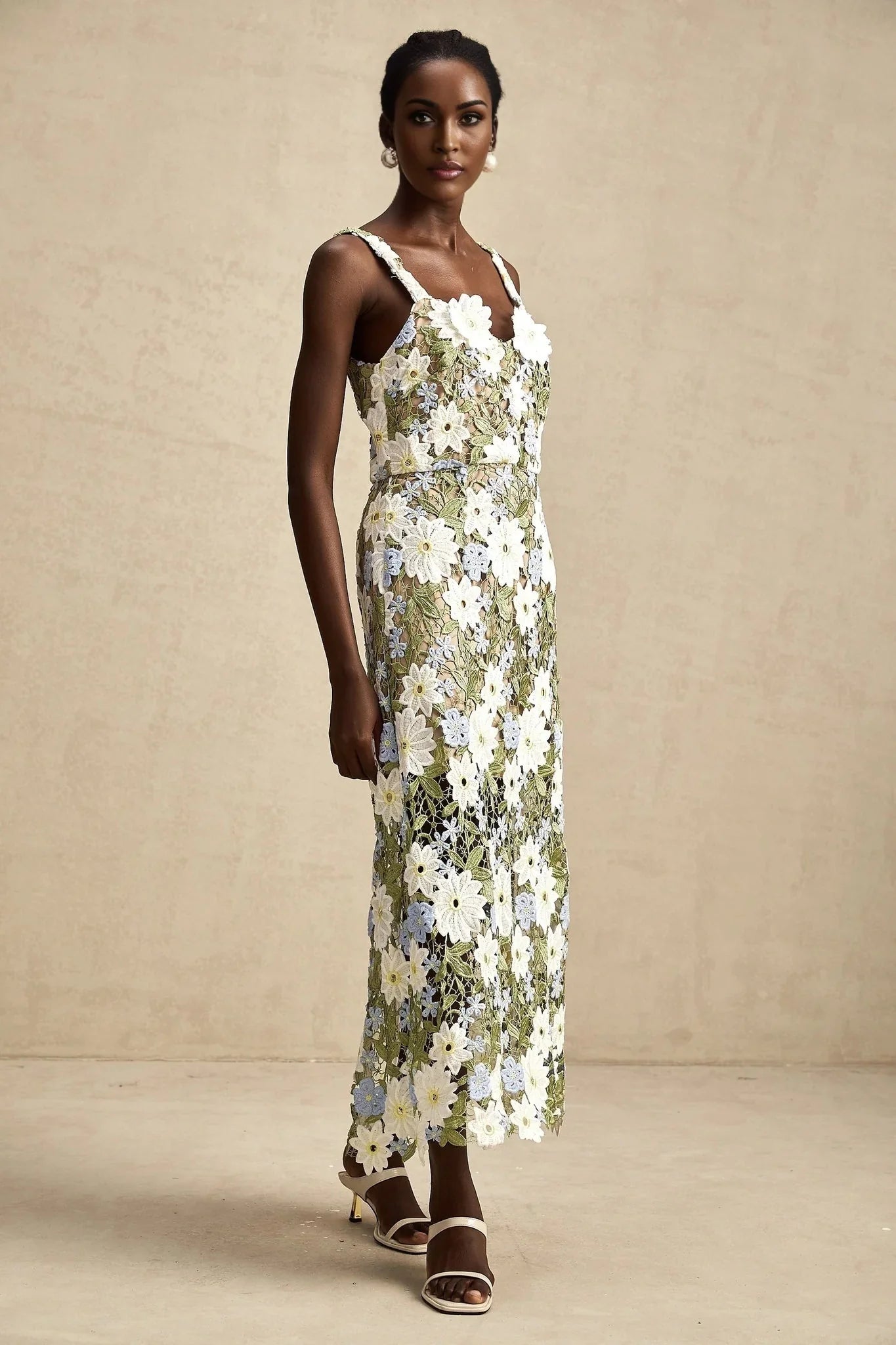 Santa Midi Dress Green Floral Embroidered Hollow - Carved