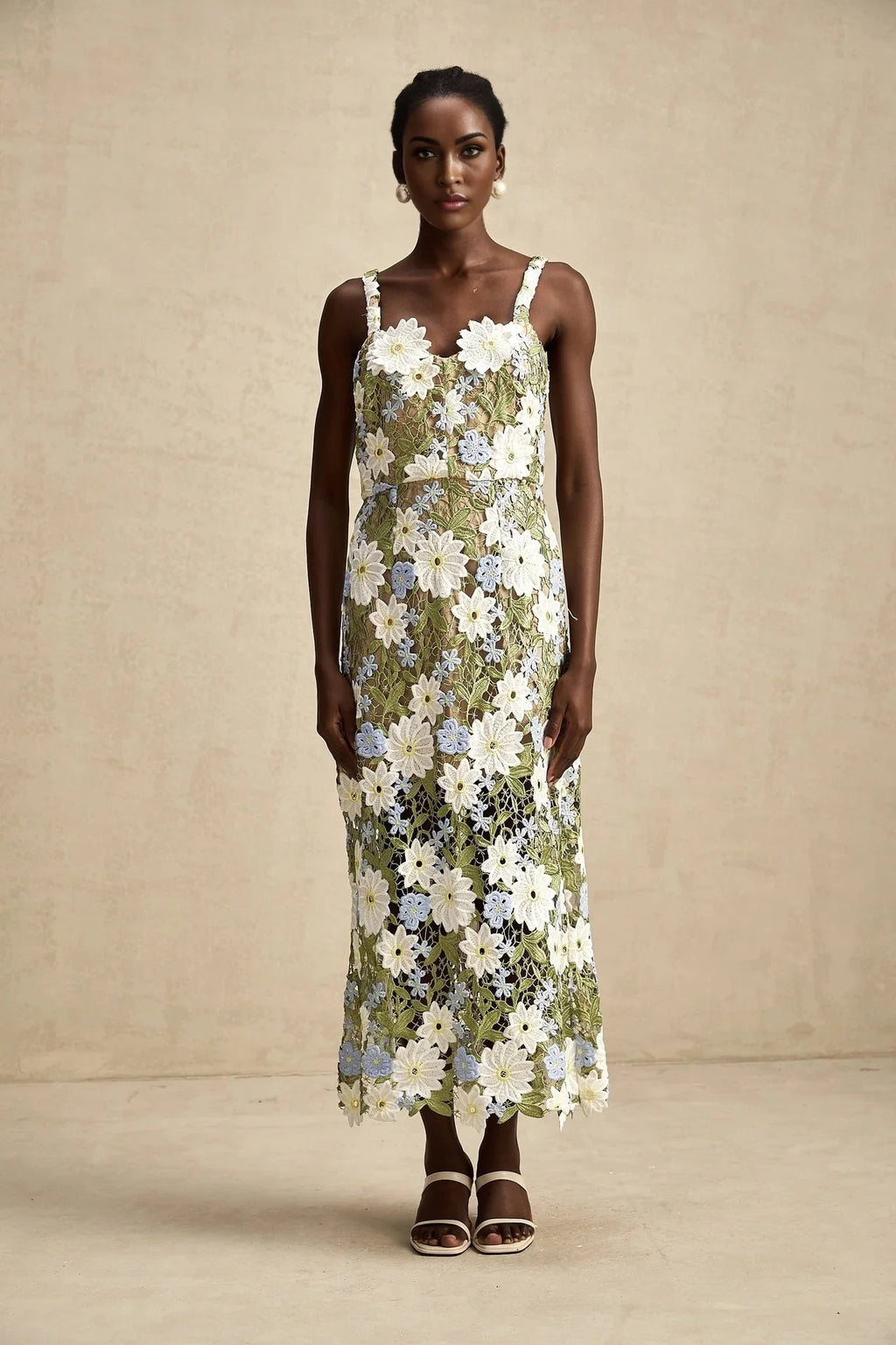 Santa Midi Dress Green Floral Embroidered Hollow - Carved