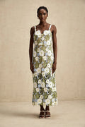 Santa Midi Dress Green Floral Embroidered Hollow - Carved
