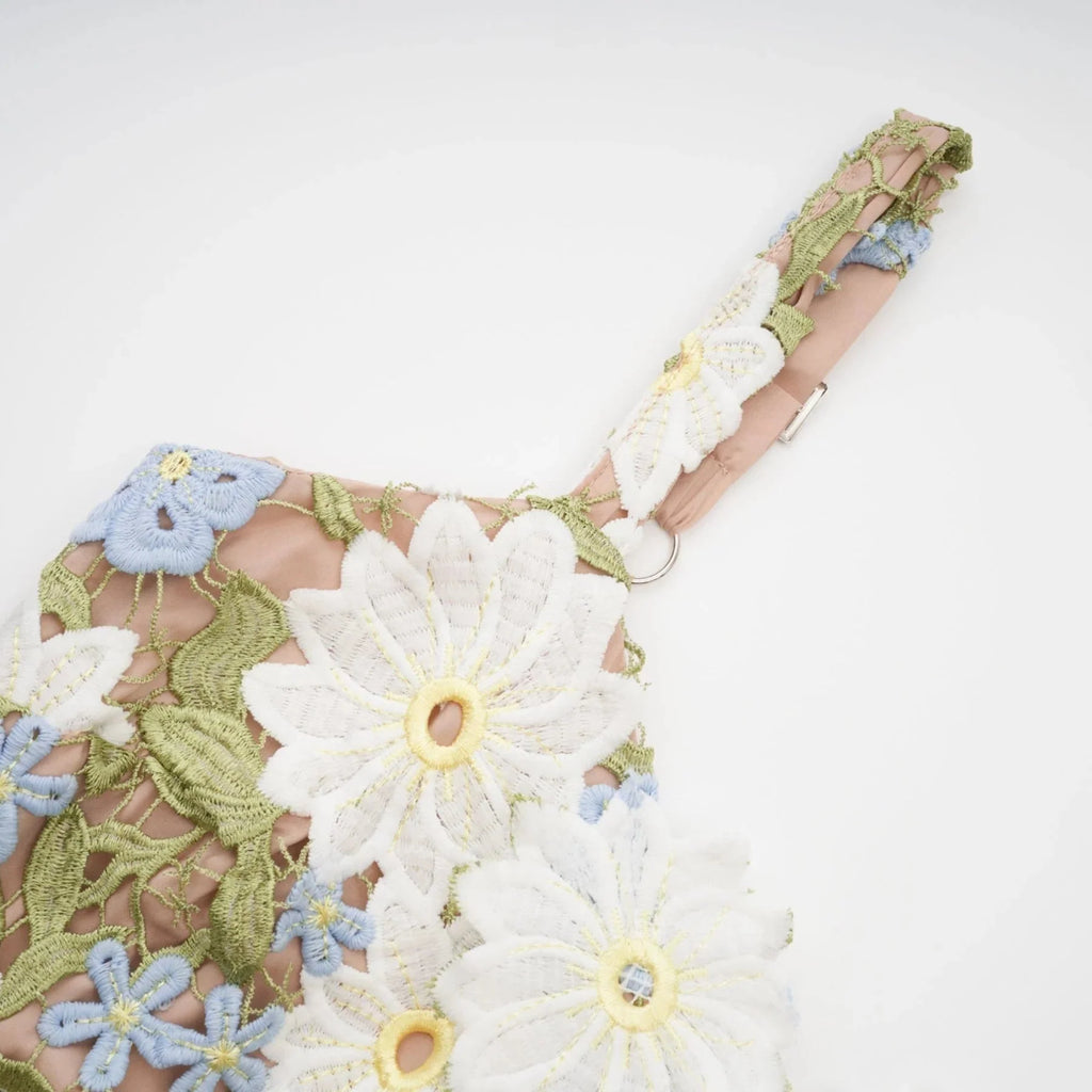 Santa Midi Dress Green Floral Embroidered Hollow - Carved