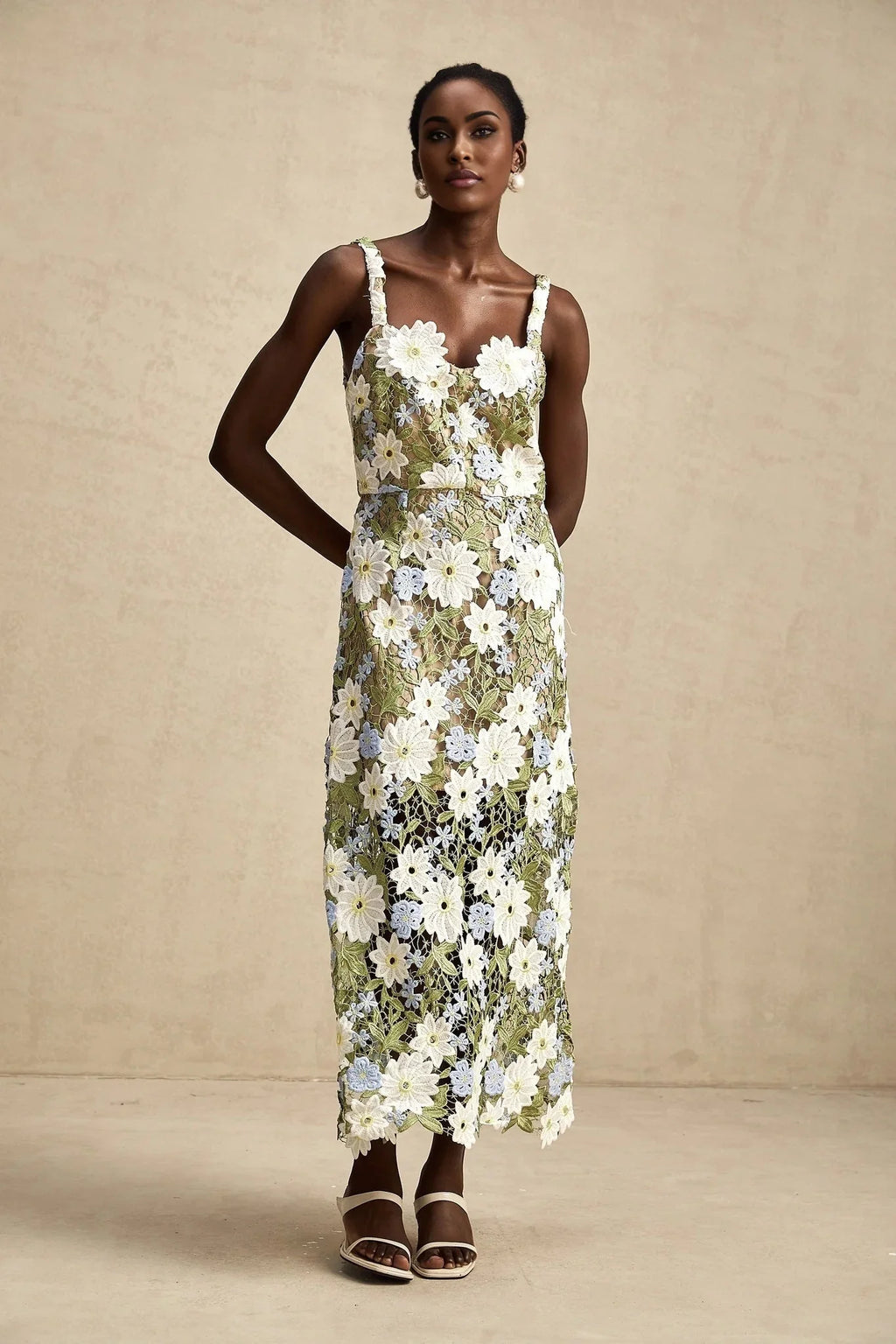 Santa Midi Dress Green Floral Embroidered Hollow - Carved