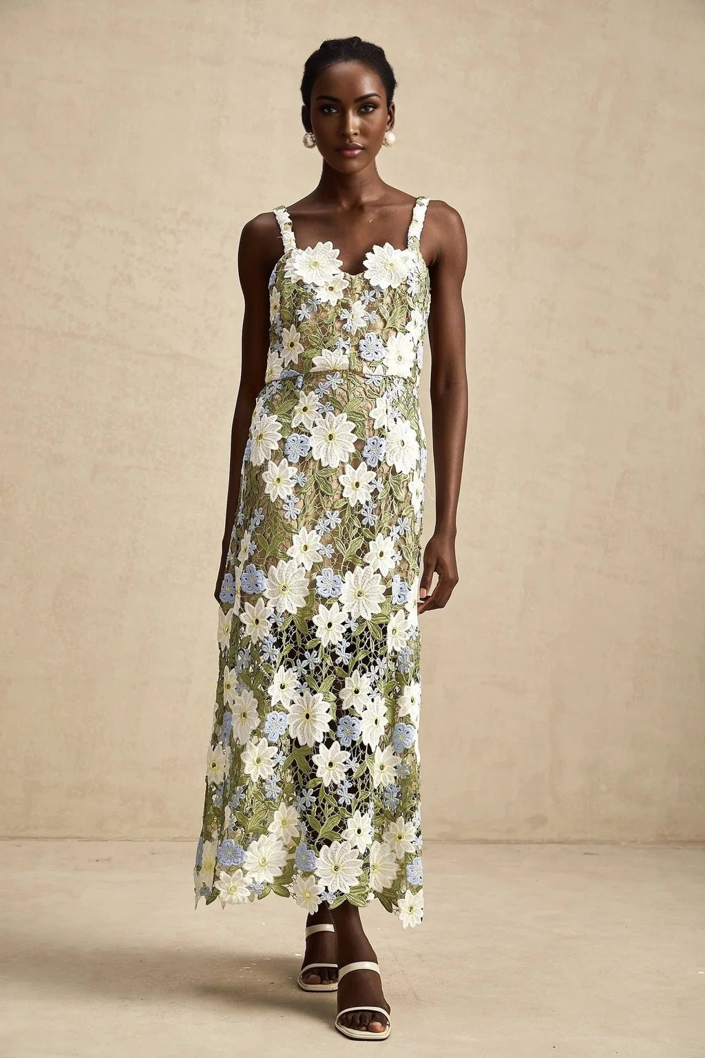 Santa Midi Dress Green Floral Embroidered Hollow - Carved