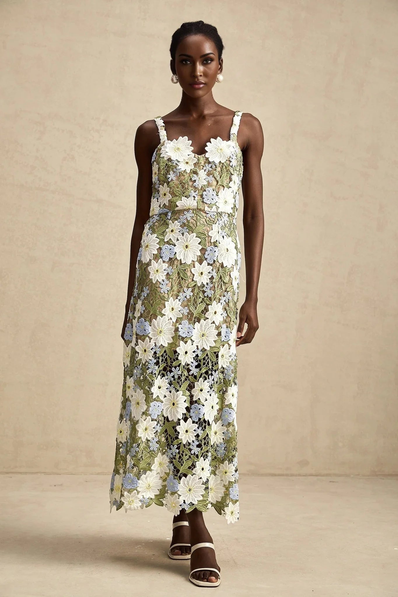 Santa Midi Dress Green Floral Embroidered Hollow - Carved