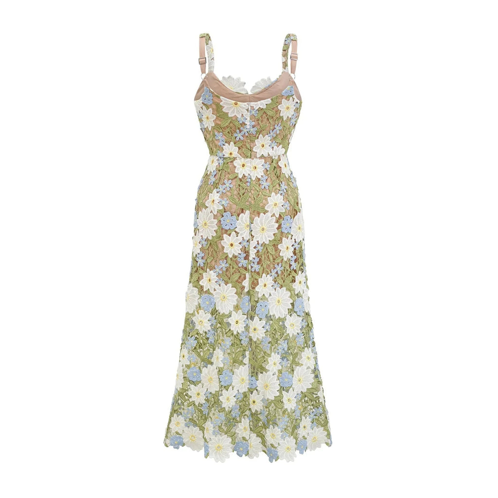 Santa Midi Dress Green Floral Embroidered Hollow - Carved