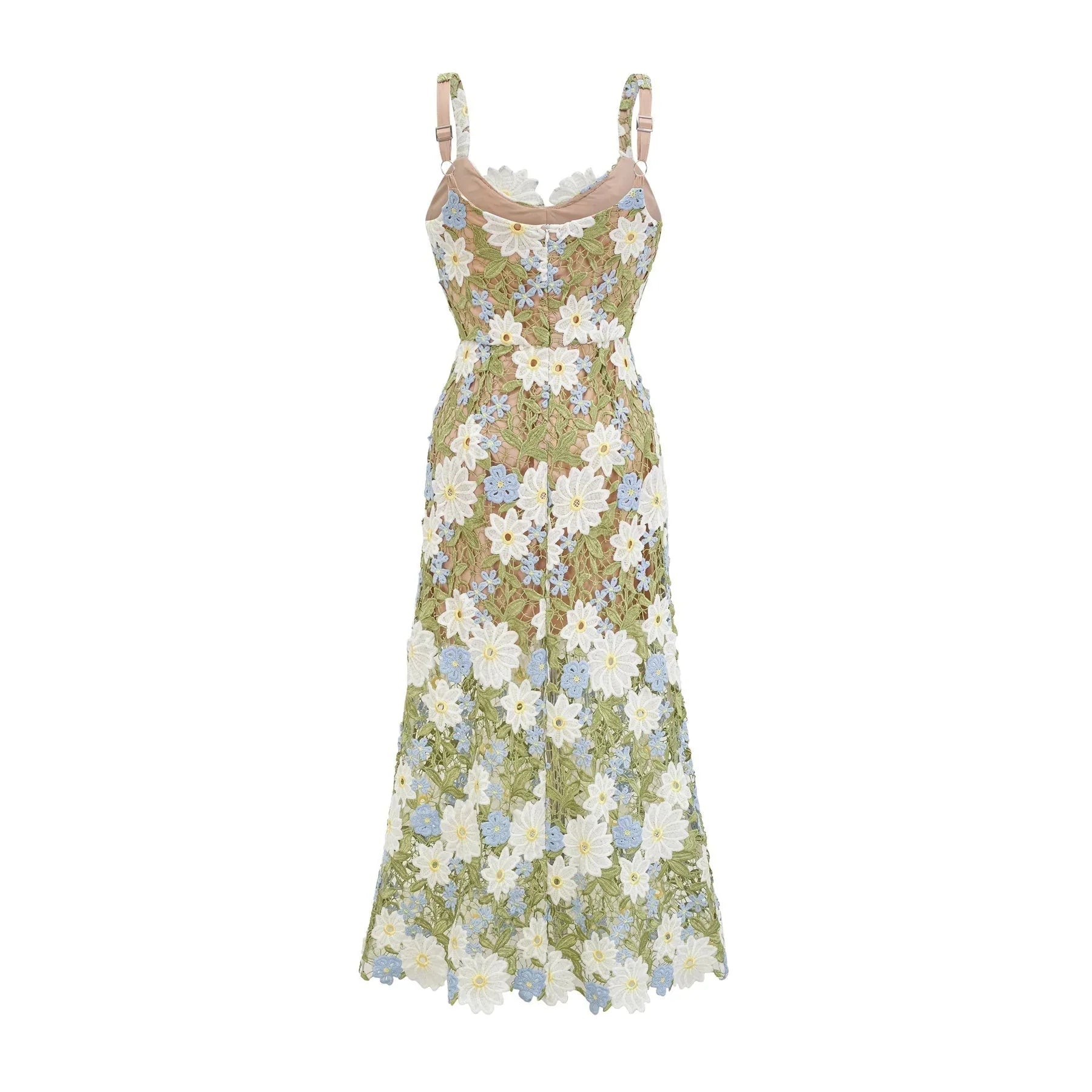 Santa Midi Dress Green Floral Embroidered Hollow - Carved