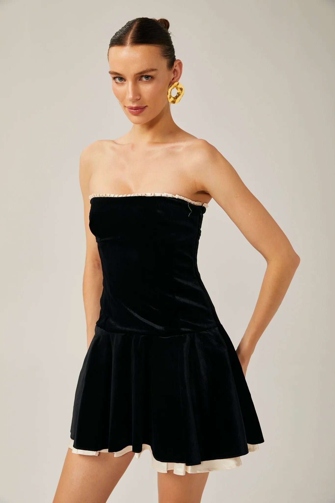 Santa Mini Dress Strapless Corset Layered Velvet & Pleated Black