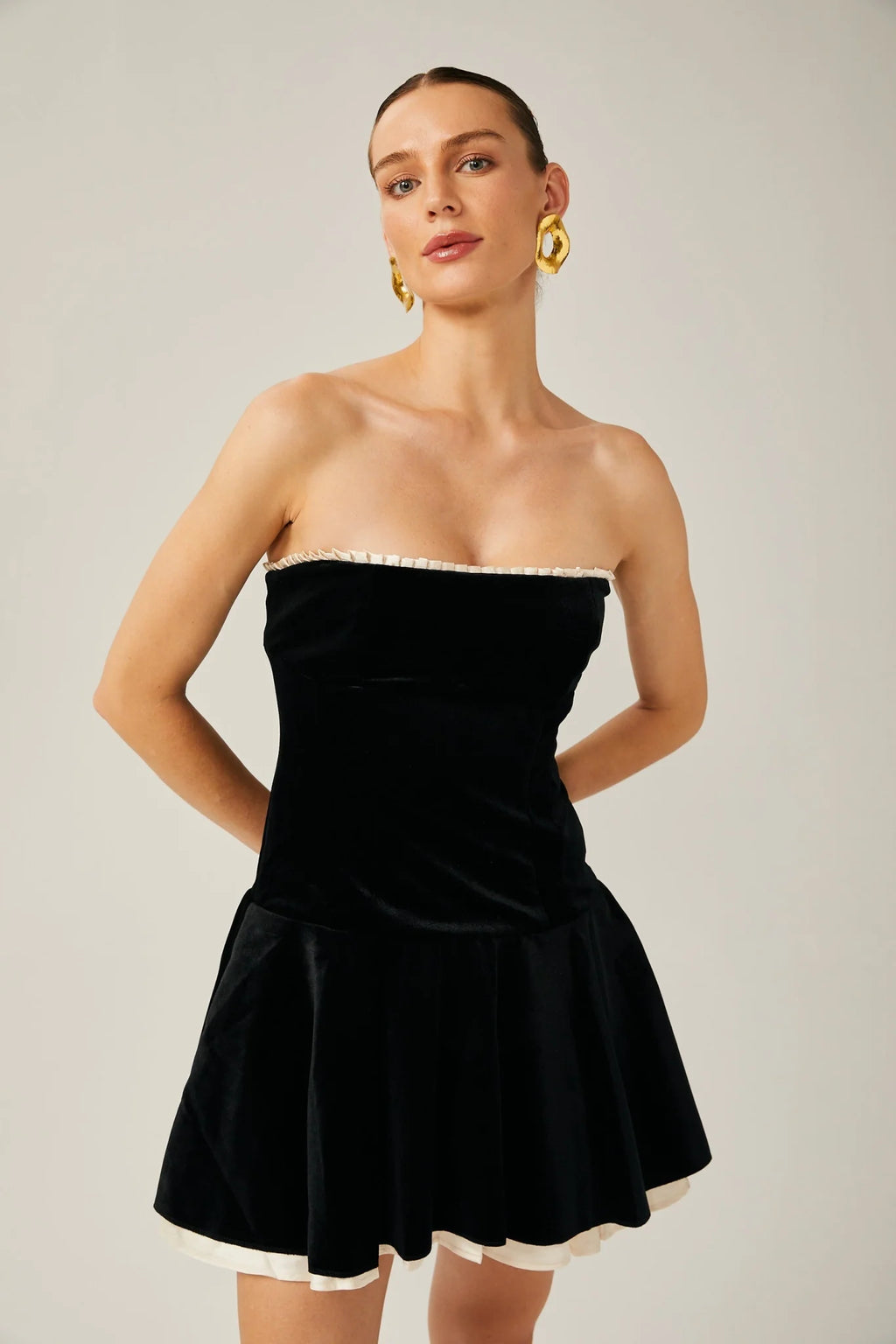 Santa Mini Dress Strapless Corset Layered Velvet & Pleated Black