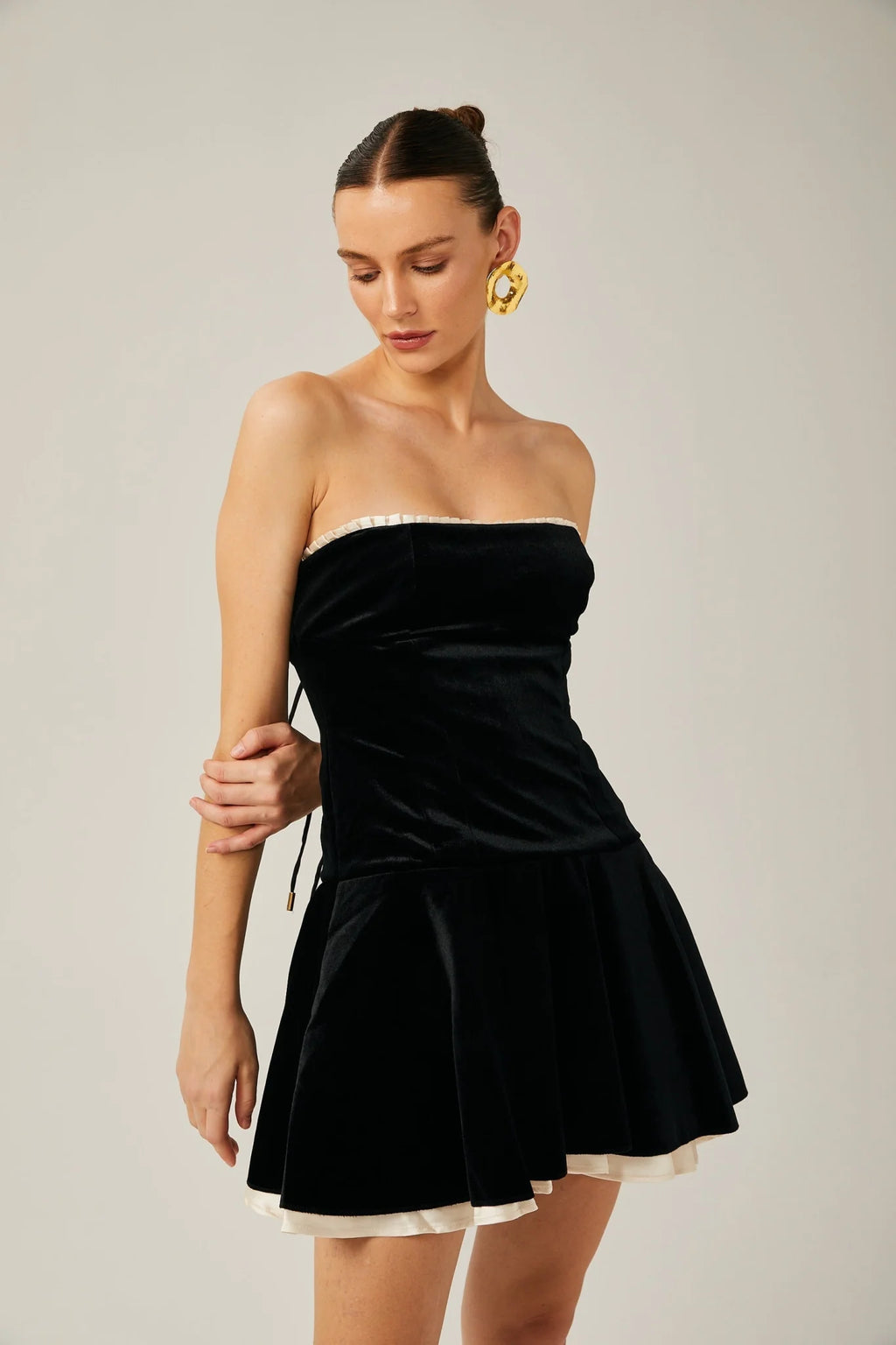 Santa Mini Dress Strapless Corset Layered Velvet & Pleated Black