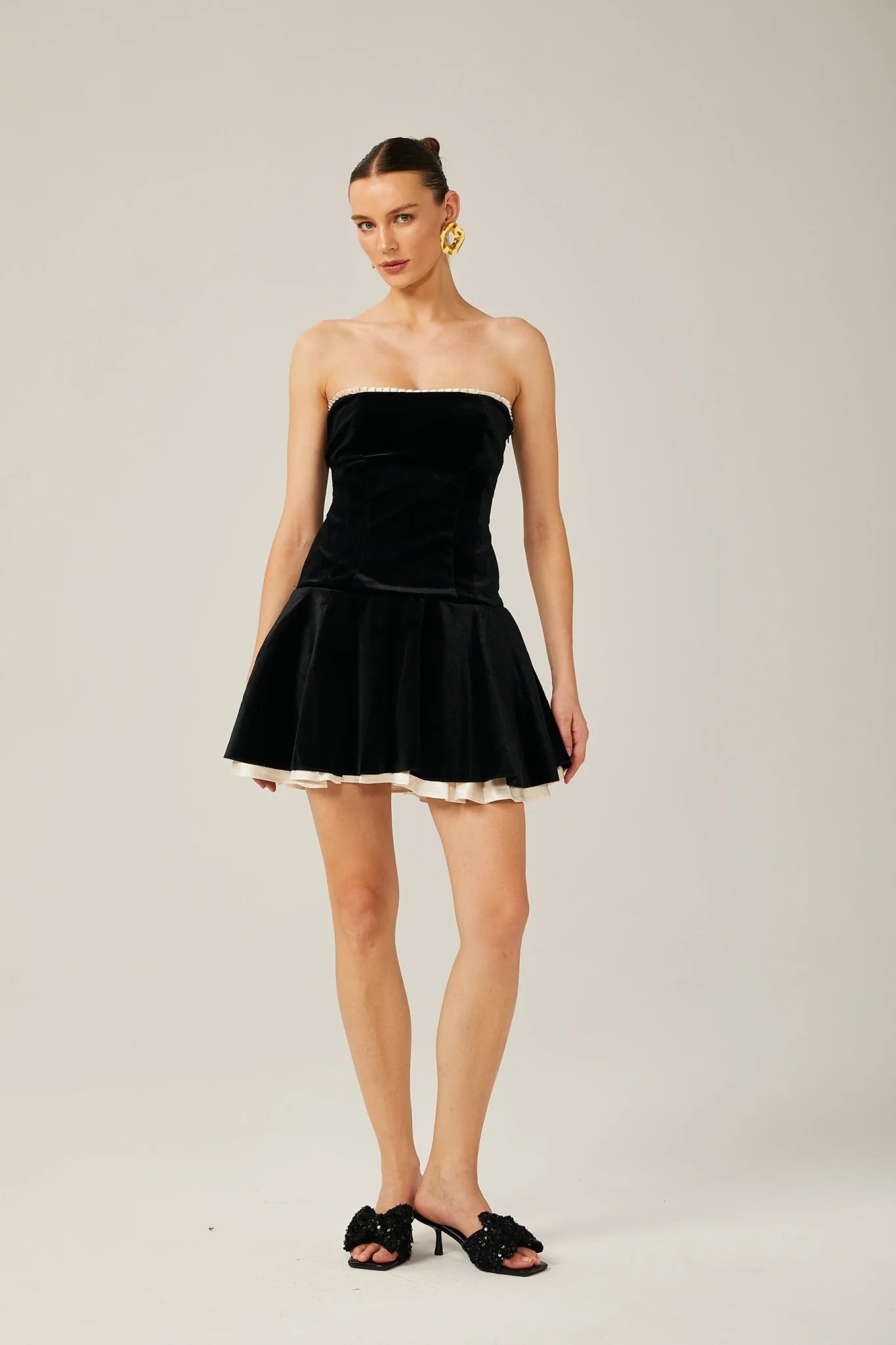 Santa Mini Dress Strapless Corset Layered Velvet & Pleated Black