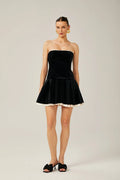 Santa Mini Dress Strapless Corset Layered Velvet & Pleated Black