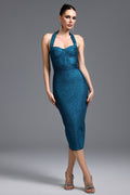 Santa teal bandage halter neckline midi dress