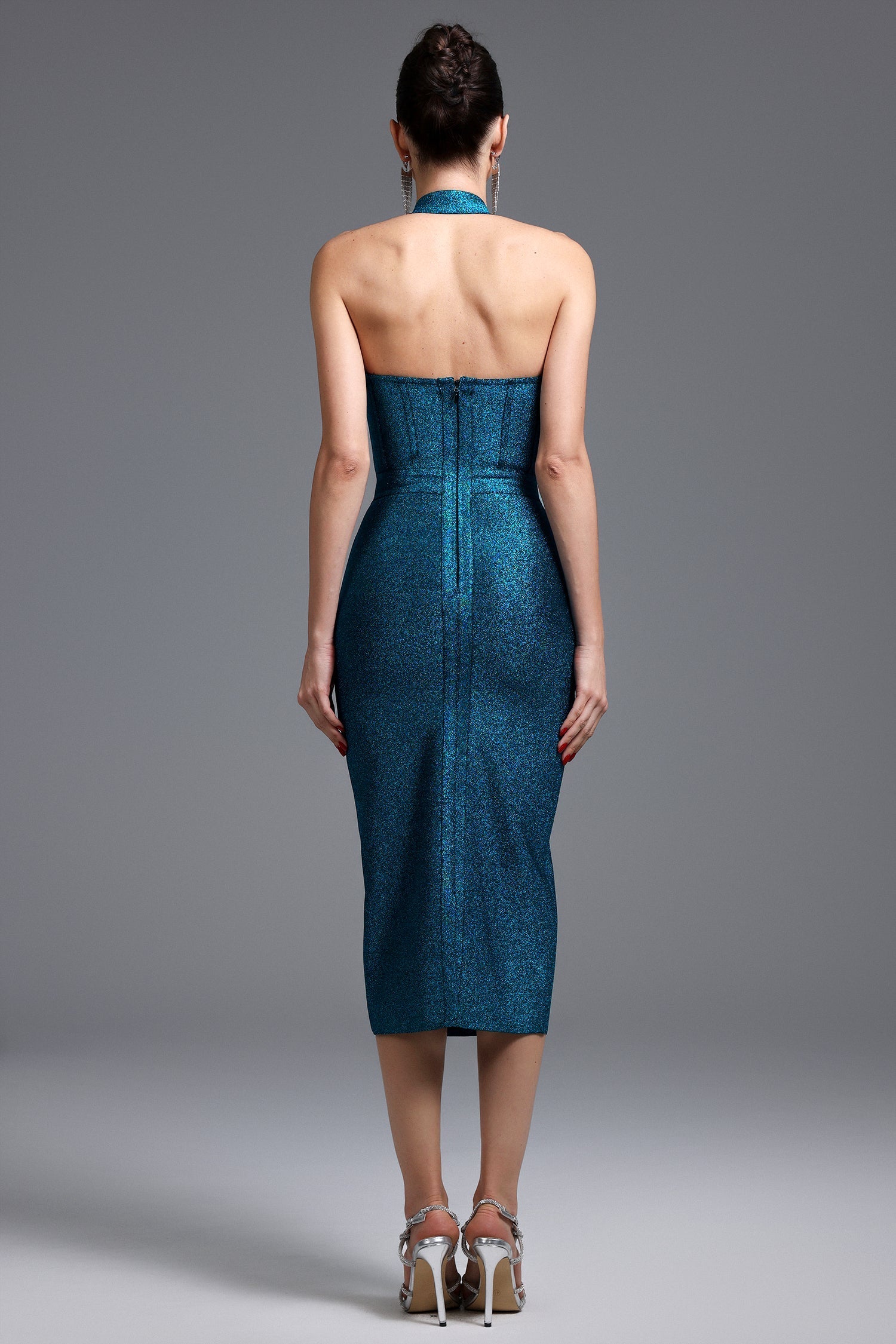 Santa Teal Bandage Halter Neckline Midi Dress