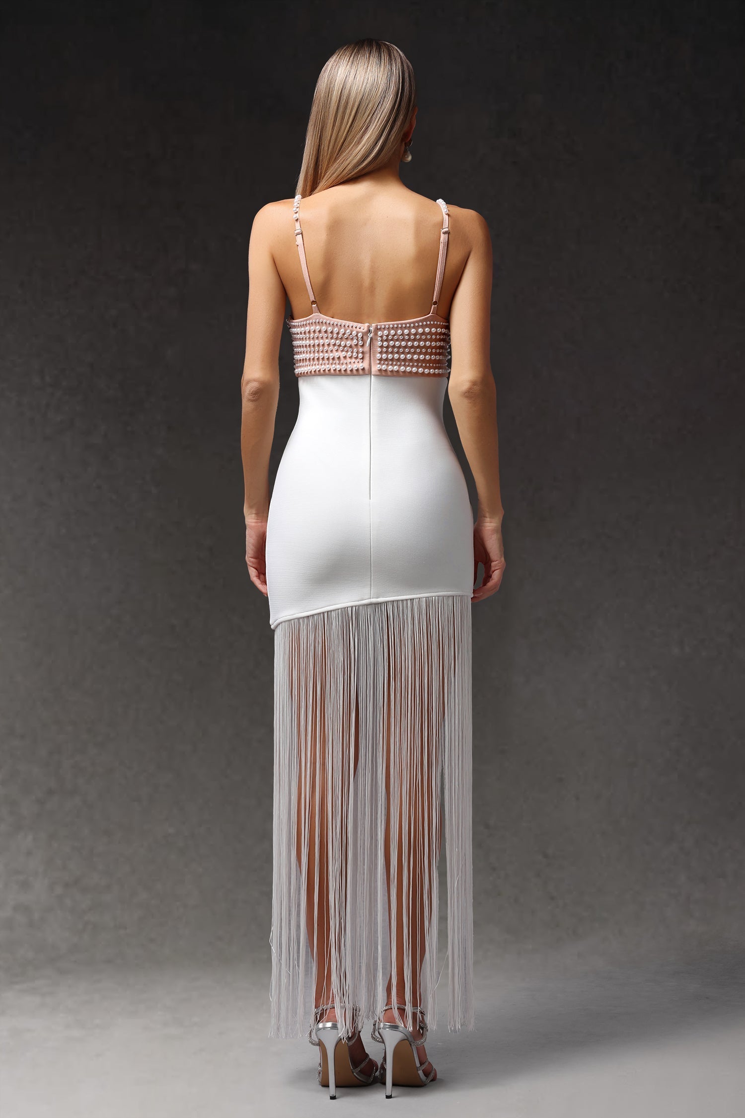 Santa White Beaded V-Neckline Maxi Dress with Tassels