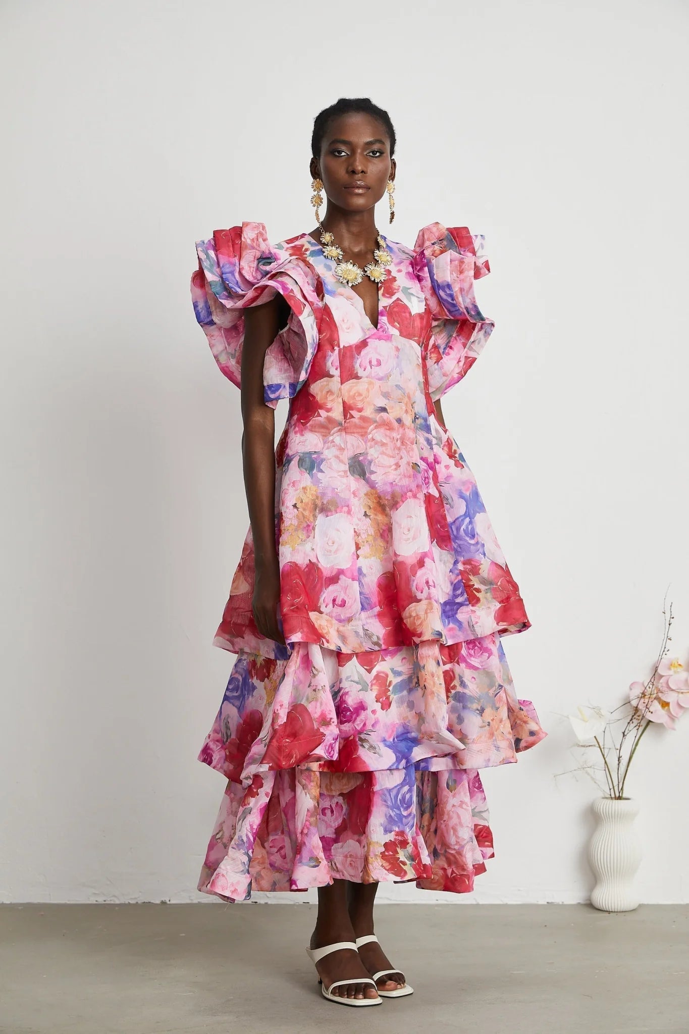 Sara Gown Pink Floral Ruffled Tiered Maxi