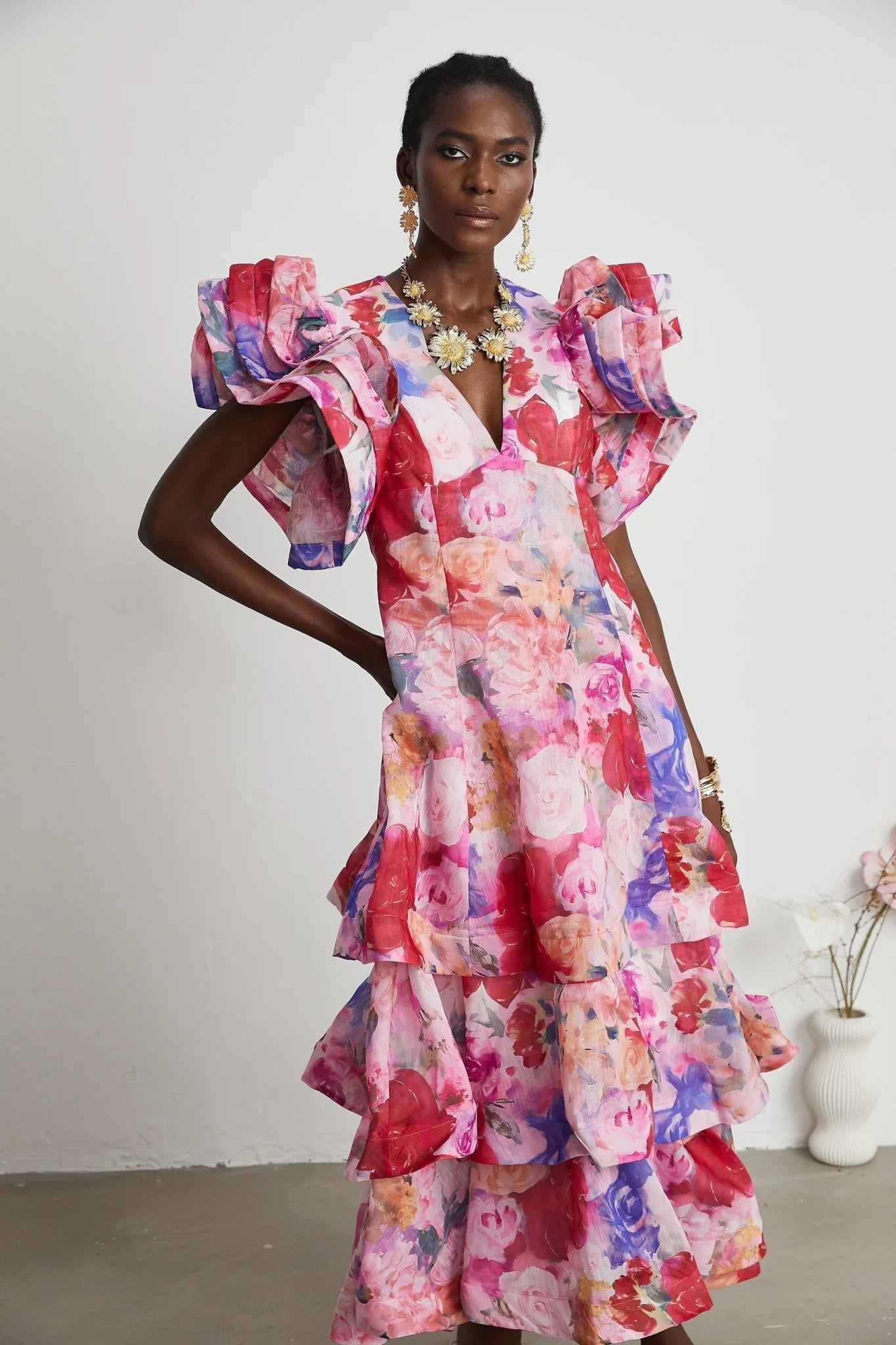Sara Gown Pink Floral Ruffled Tiered Maxi