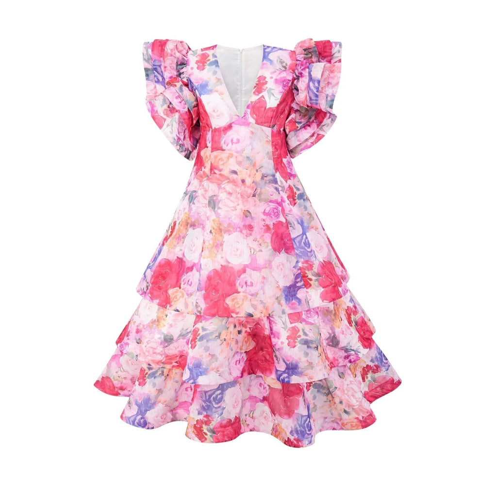 Sara Gown Pink Floral Ruffled Tiered Maxi