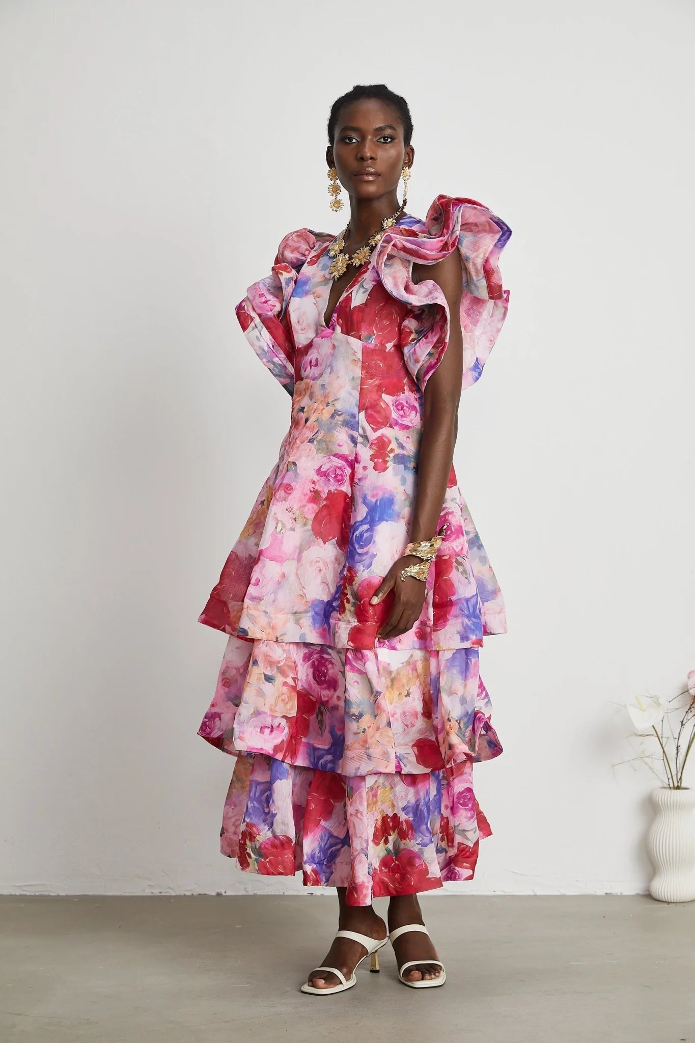 Sara Gown Pink Floral Ruffled Tiered Maxi