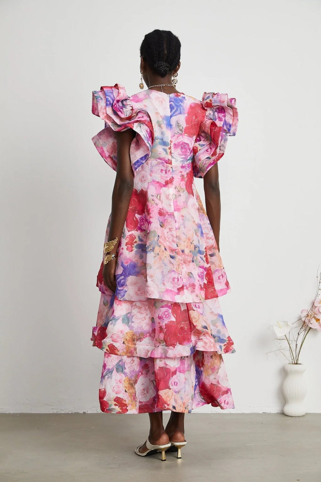 Sara Gown Pink Floral Ruffled Tiered Maxi