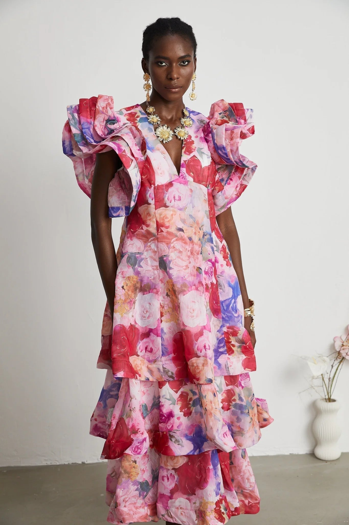 Sara Gown Pink Floral Ruffled Tiered Maxi