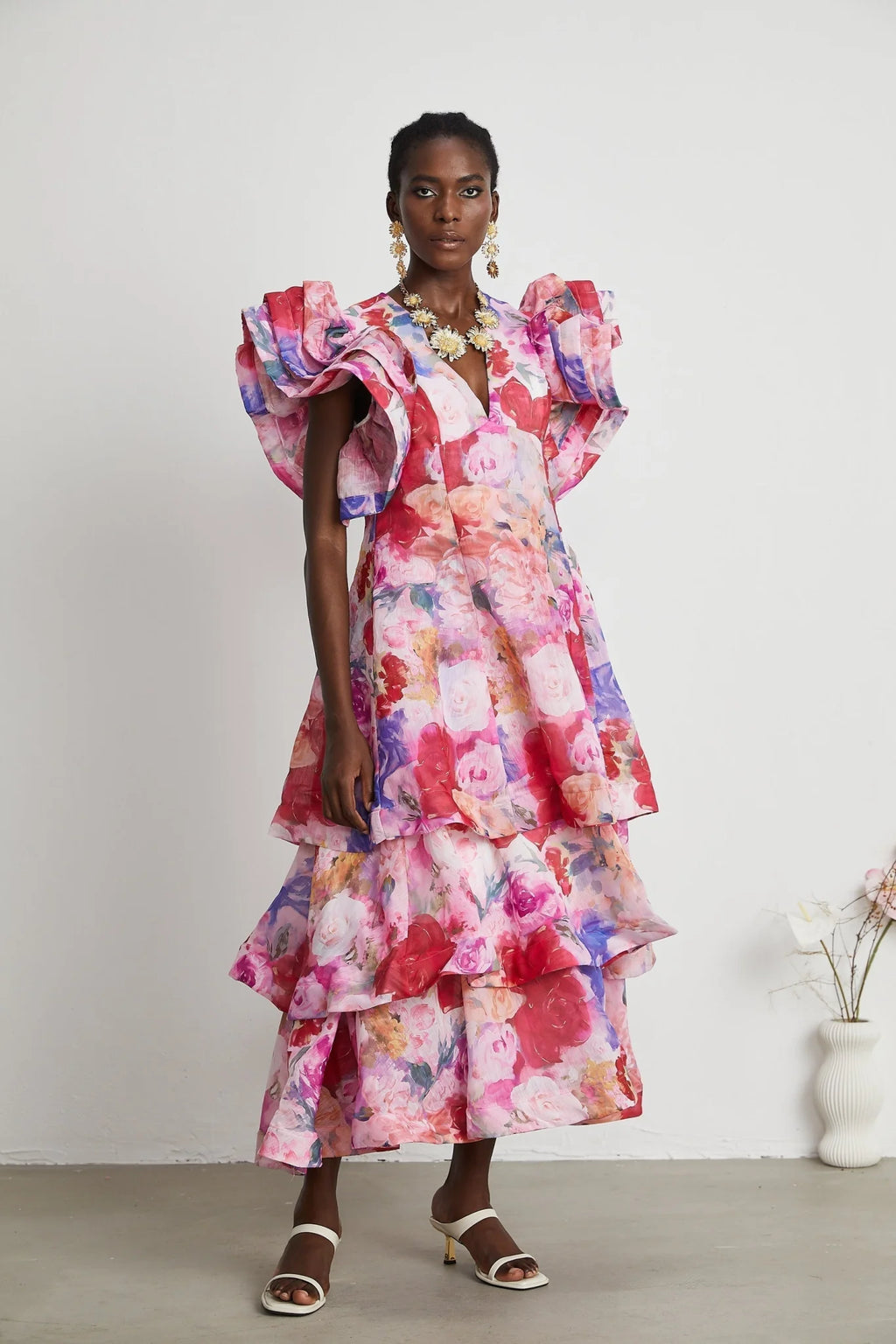 Sara Gown Pink Floral Ruffled Tiered Maxi