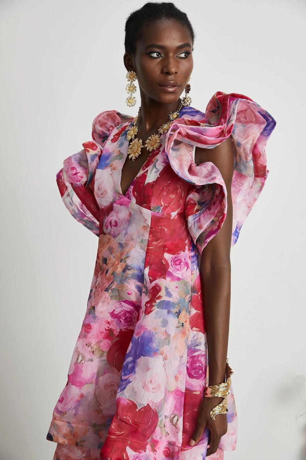 Sara Gown Pink Floral Ruffled Tiered Maxi