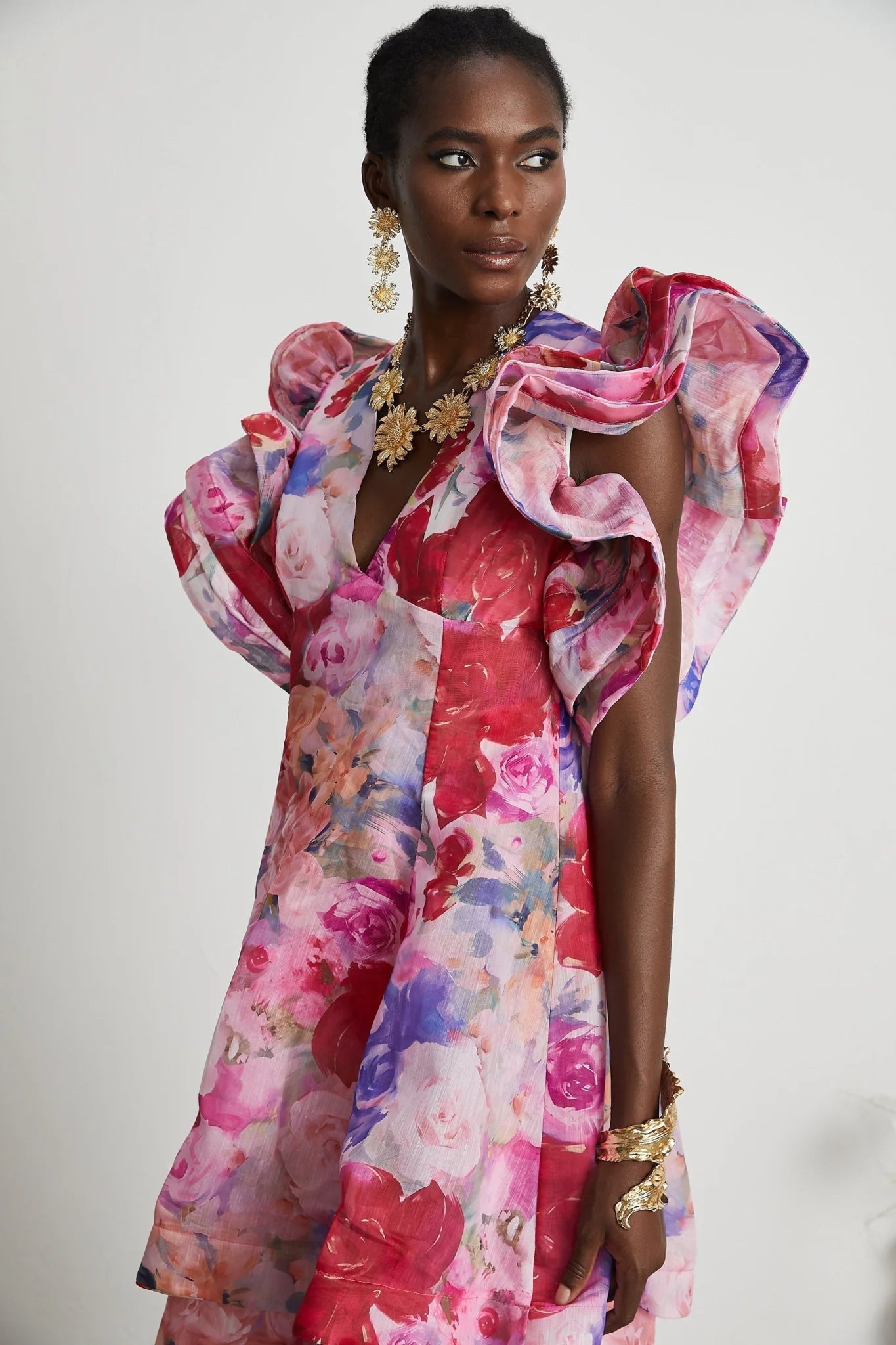 Sara Gown Pink Floral Ruffled Tiered Maxi