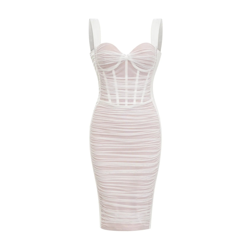Sara Midi Dress White Mesh Texture Slit Zip Length