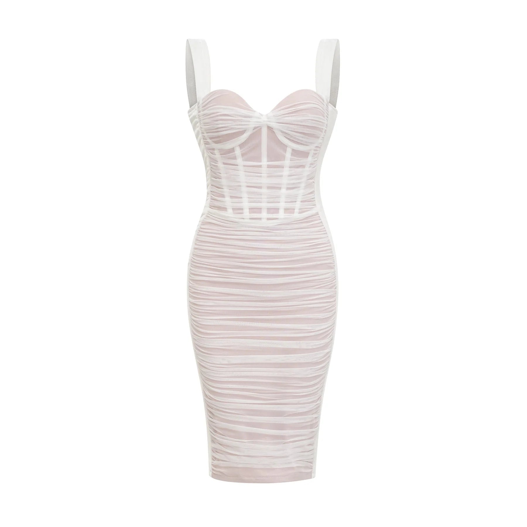 Sara Midi Dress White Mesh Texture Slit Zip Length