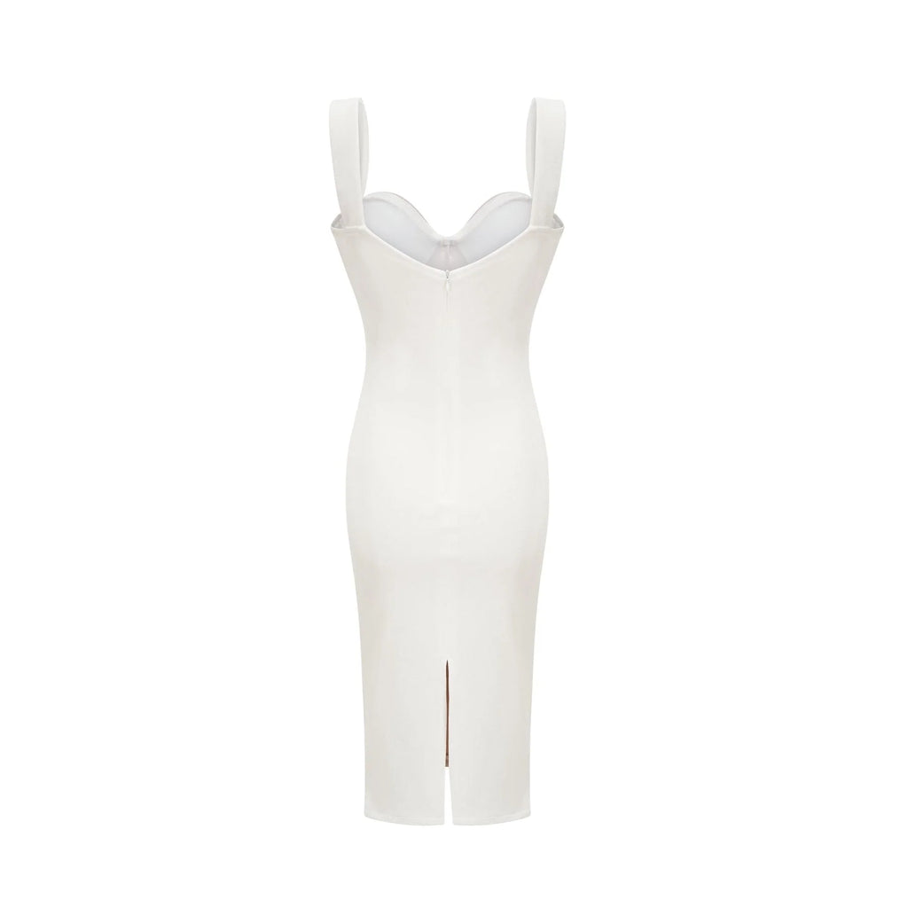 Sara Midi Dress White Mesh Texture Slit Zip Length