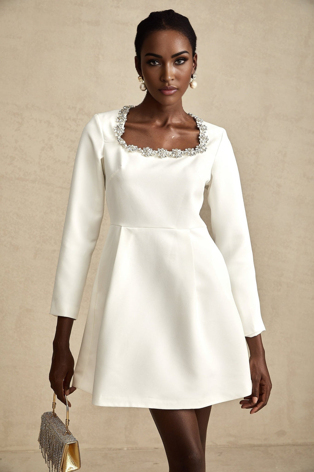 Sara Mini Dress Crystal Embellished White ALine Thigh Length