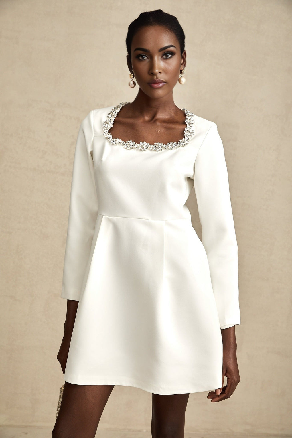Sara Mini Dress Crystal Embellished White ALine Thigh Length