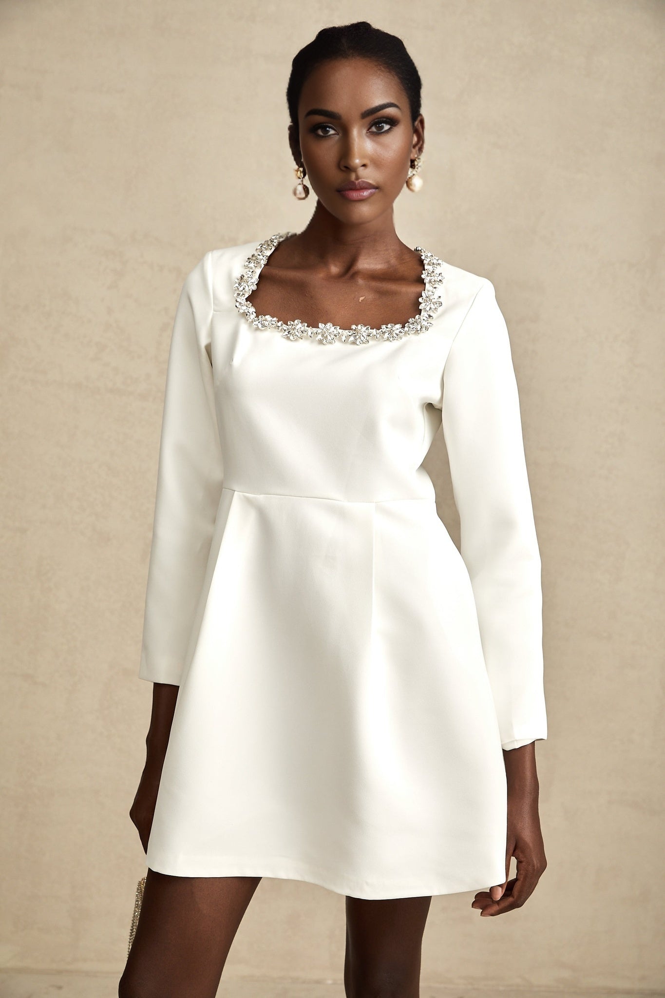 Sara Mini Dress Crystal Embellished White ALine Thigh Length
