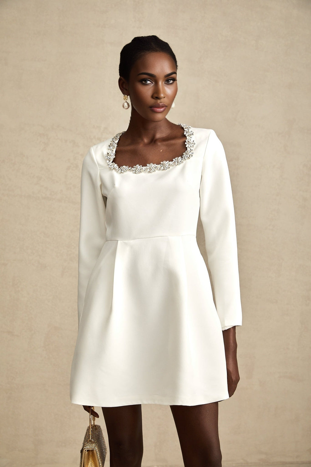 Sara Mini Dress Crystal Embellished White ALine Thigh Length
