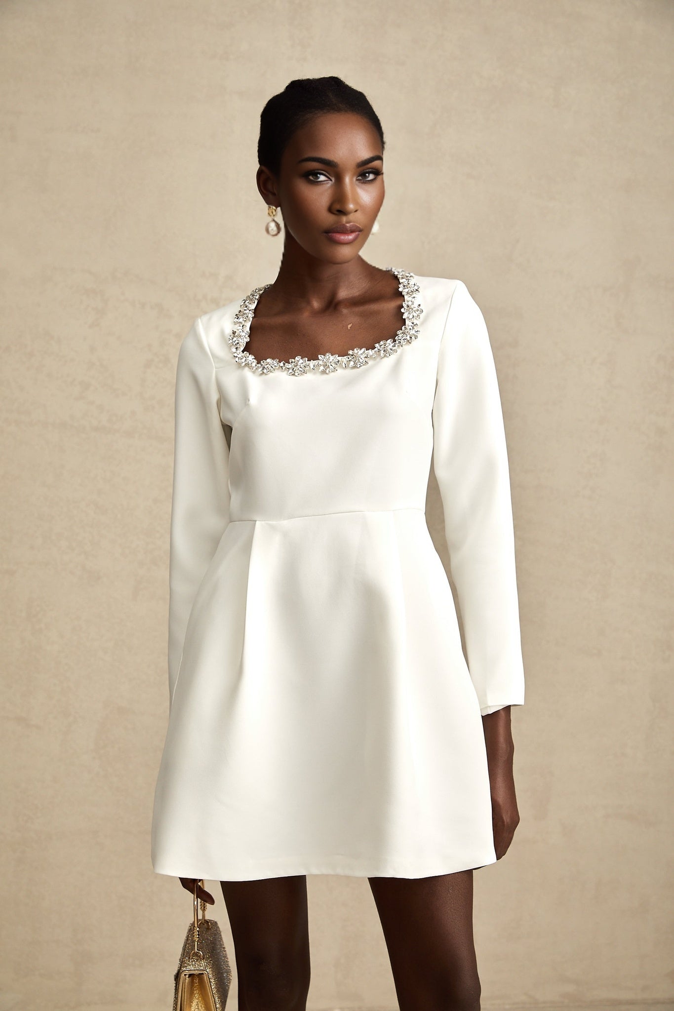 Sara Mini Dress Crystal Embellished White ALine Thigh Length