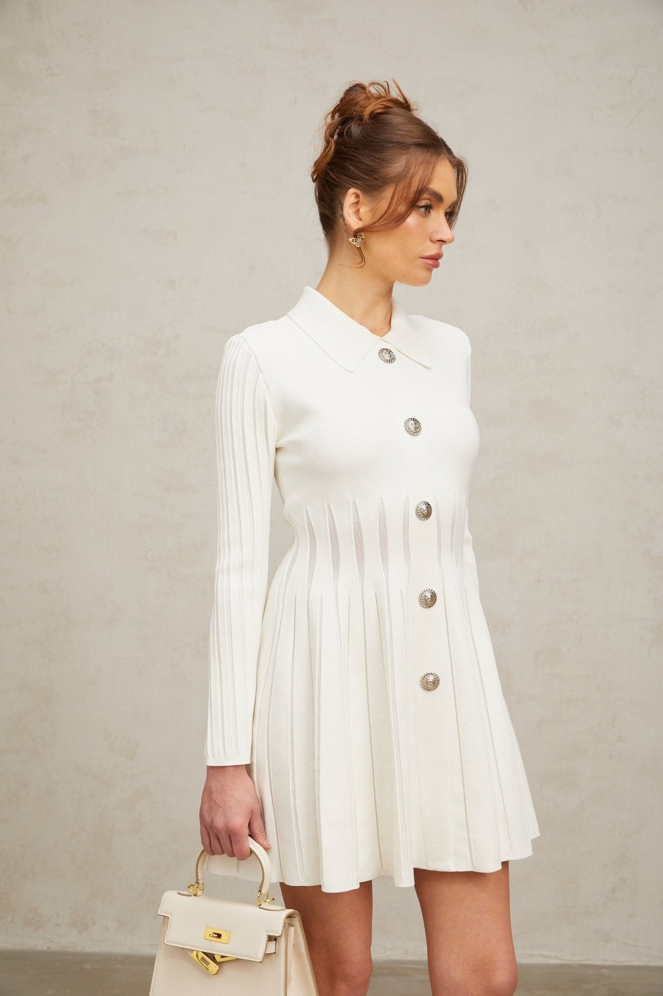 Sara Mini Dress White Knit Collared Fitted Thigh Length Zip Back