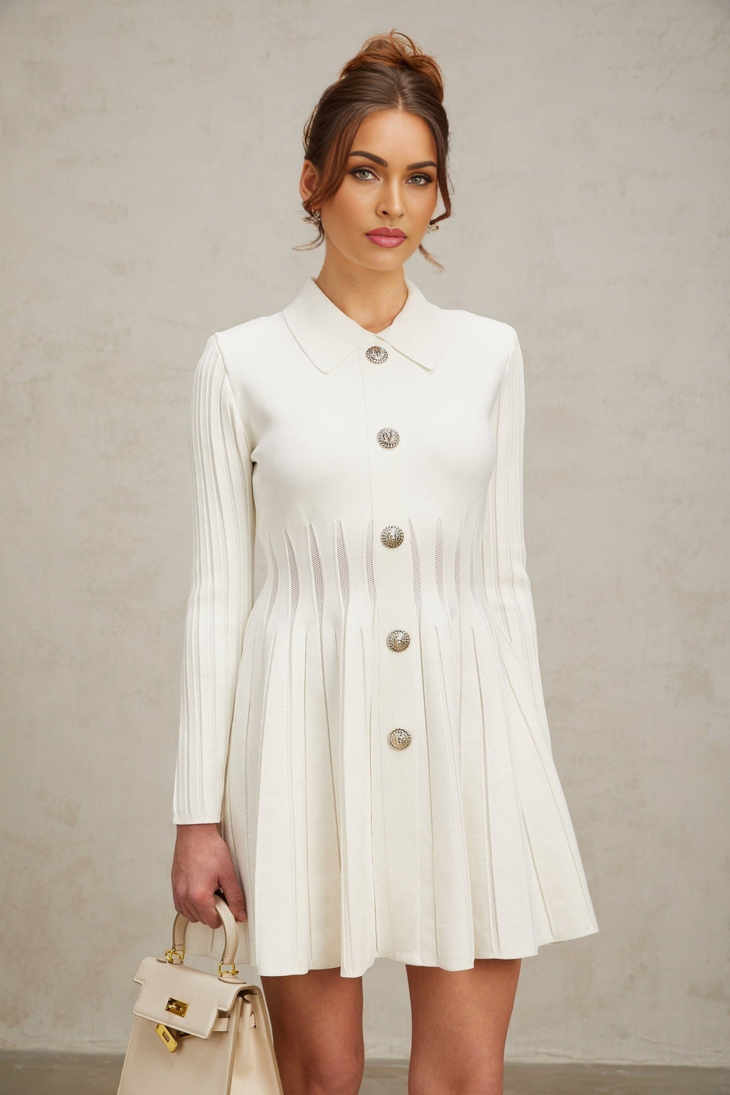 Sara Mini Dress White Knit Collared Fitted Thigh Length Zip Back