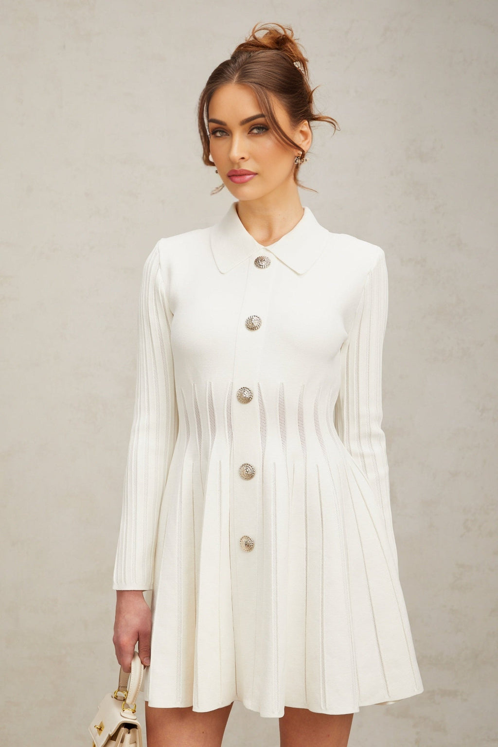 Sara Mini Dress White Knit Collared Fitted Thigh Length Zip Back
