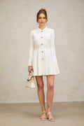 Sara Mini Dress White Knit Collared Fitted Thigh Length Zip Back