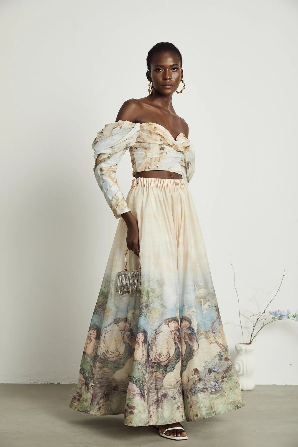 Sara Multicolor Neutrals Skirt & Top Set with Off - Shoulder Bustier Style