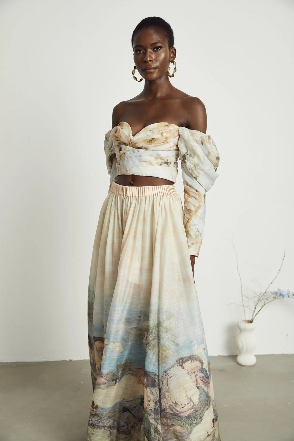 Sara Multicolor Neutrals Skirt & Top Set with Off - Shoulder Bustier Style