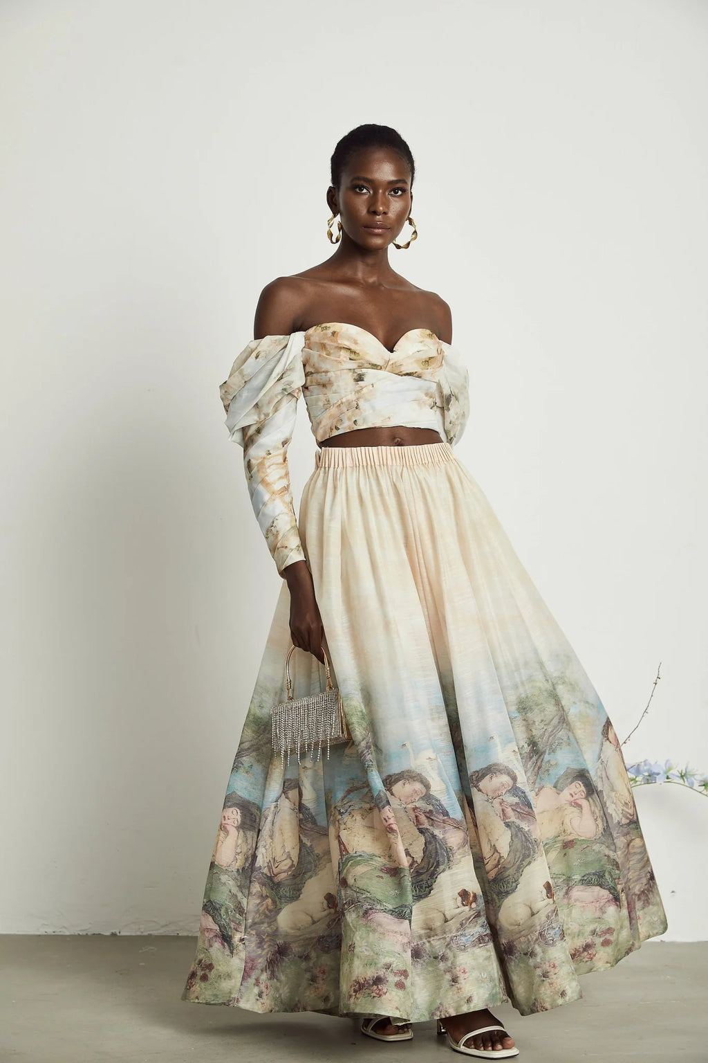 Sara Multicolor Neutrals Skirt & Top Set with Off - Shoulder Bustier Style