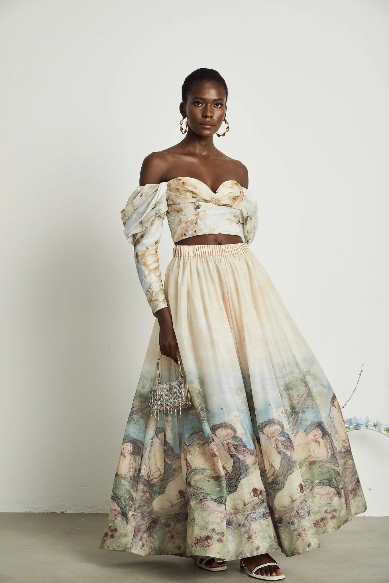 Sara Multicolor Neutrals Skirt & Top Set with Off - Shoulder Bustier Style
