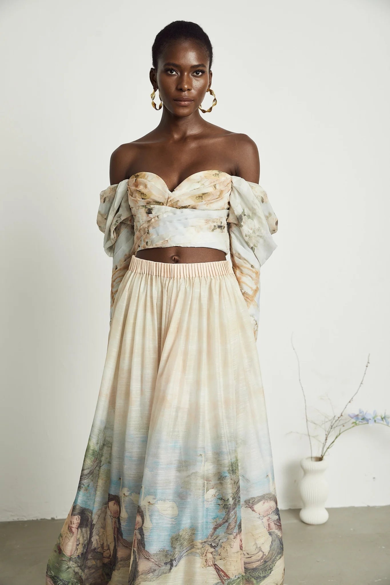 Sara Multicolor Neutrals Skirt & Top Set with Off - Shoulder Bustier Style