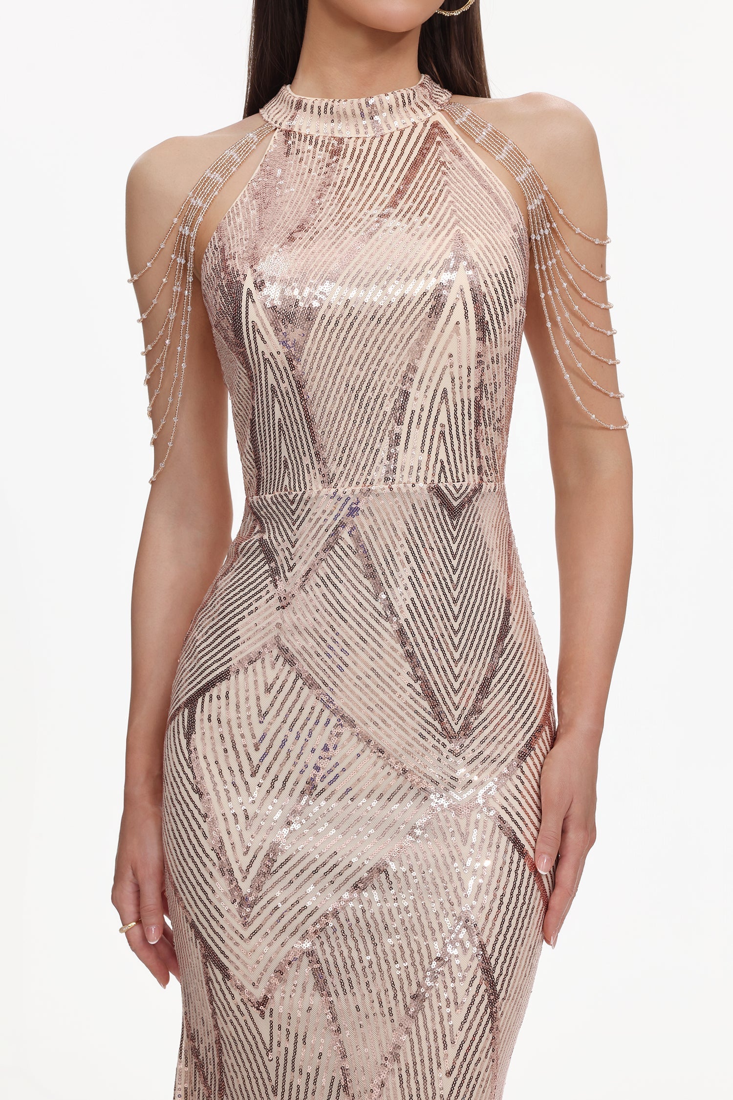 Sara Pink Sequin Maxi Dress with High Neckline and Cold-Shoulder Design